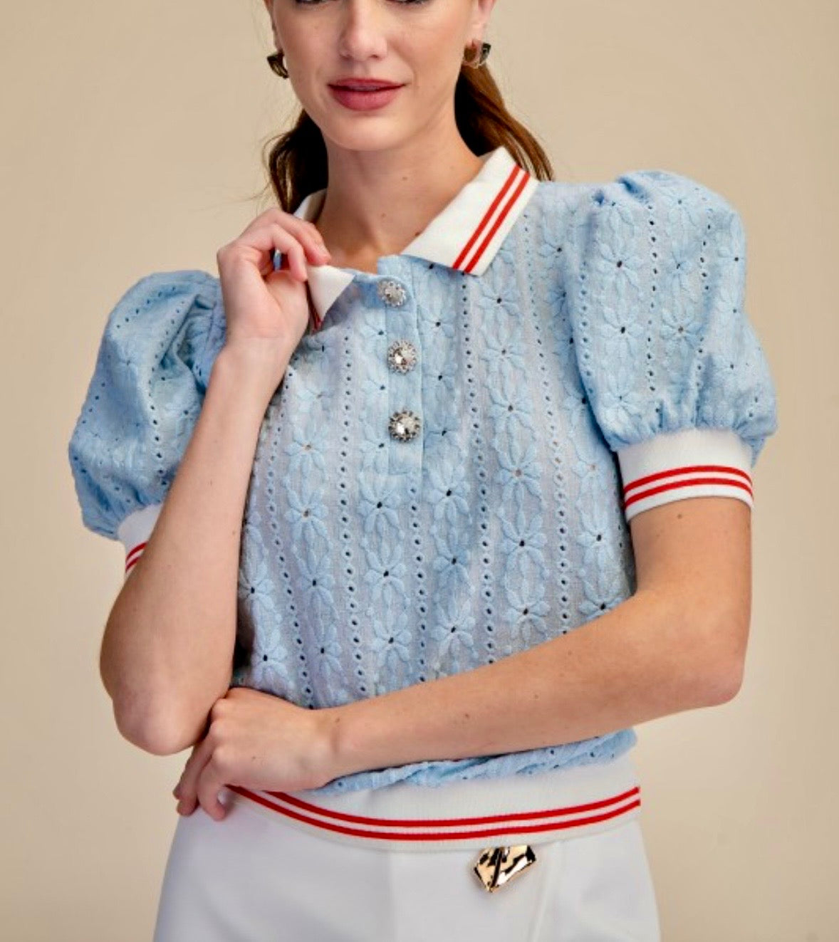 Blue Eyelet Polo Top