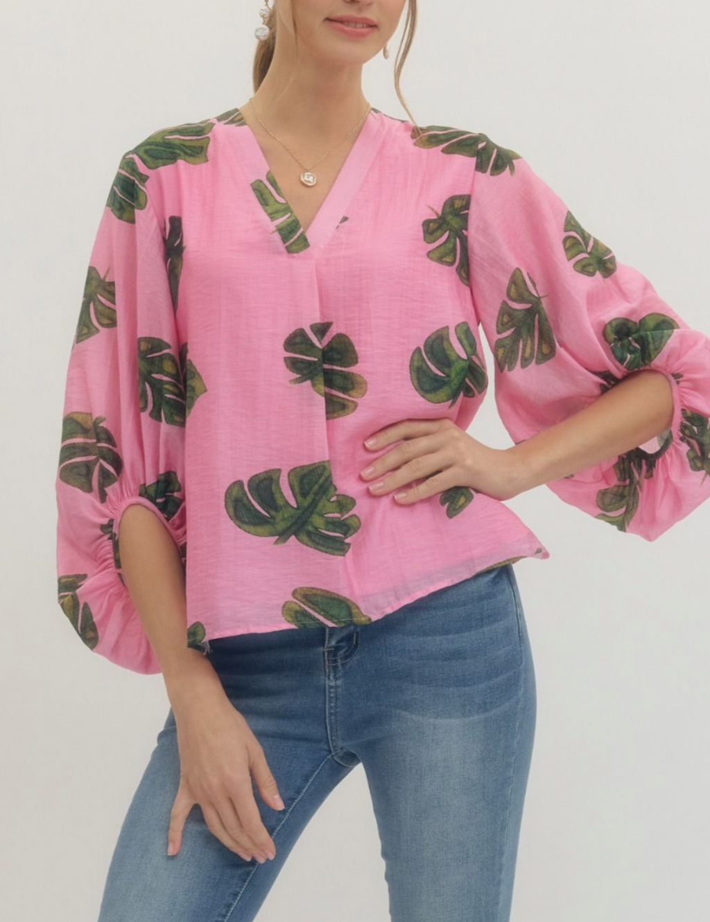 Monstera Leaf Balloon Sleeve Blouse