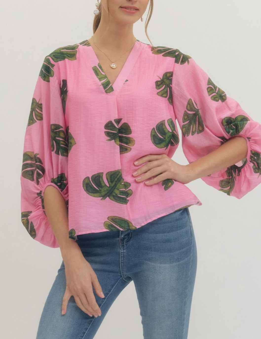 Monstera Leaf Balloon Sleeve Blouse