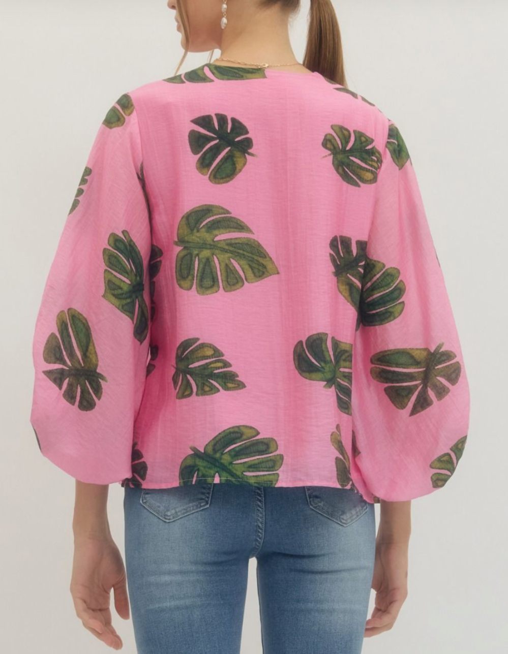 Monstera Leaf Balloon Sleeve Blouse