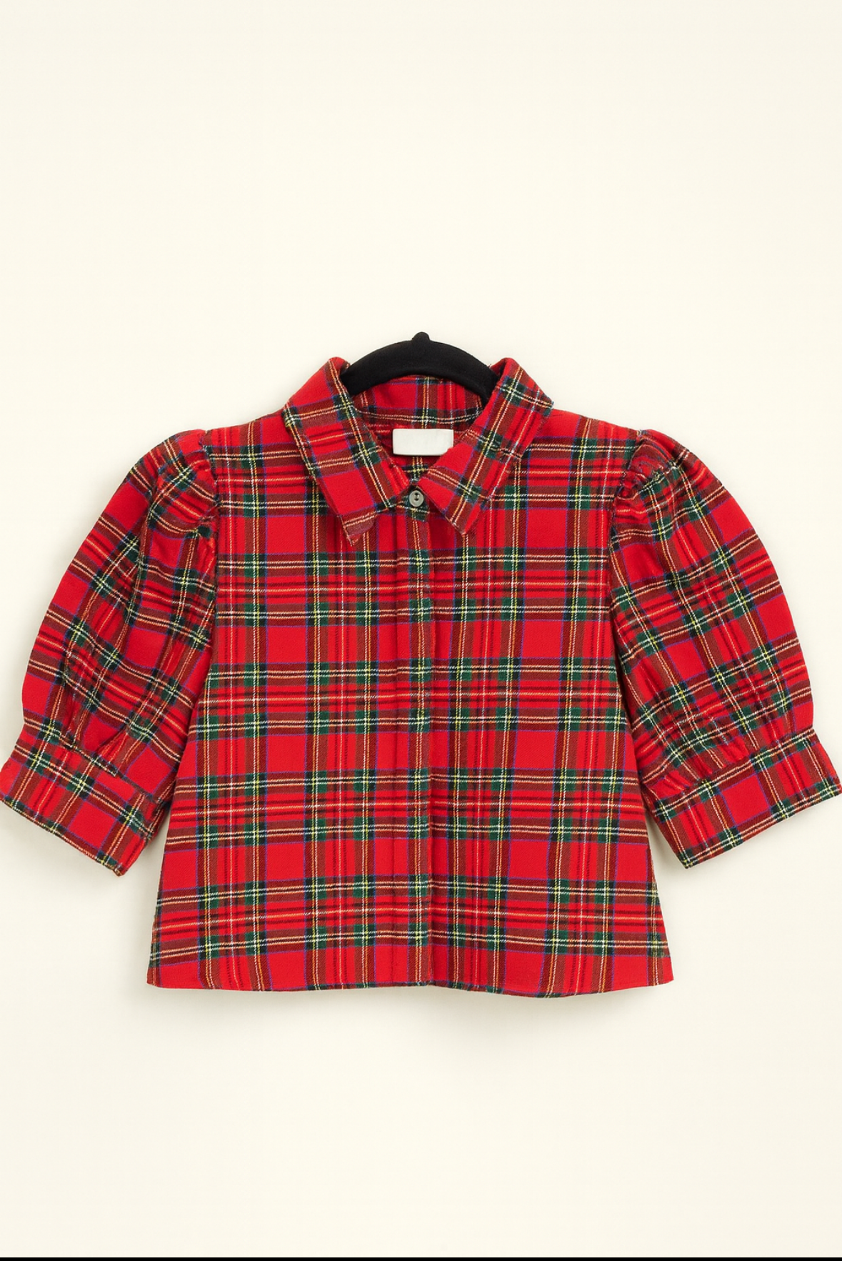 Red Plaid Crop Puff Sleeve Blouse