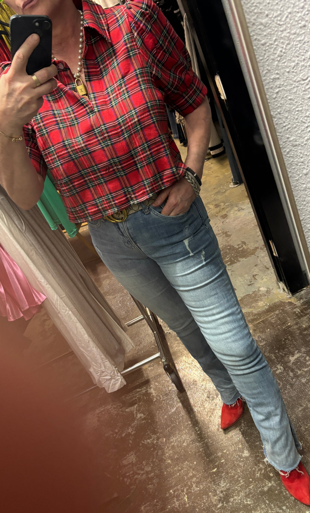Red Plaid Crop Puff Sleeve Blouse