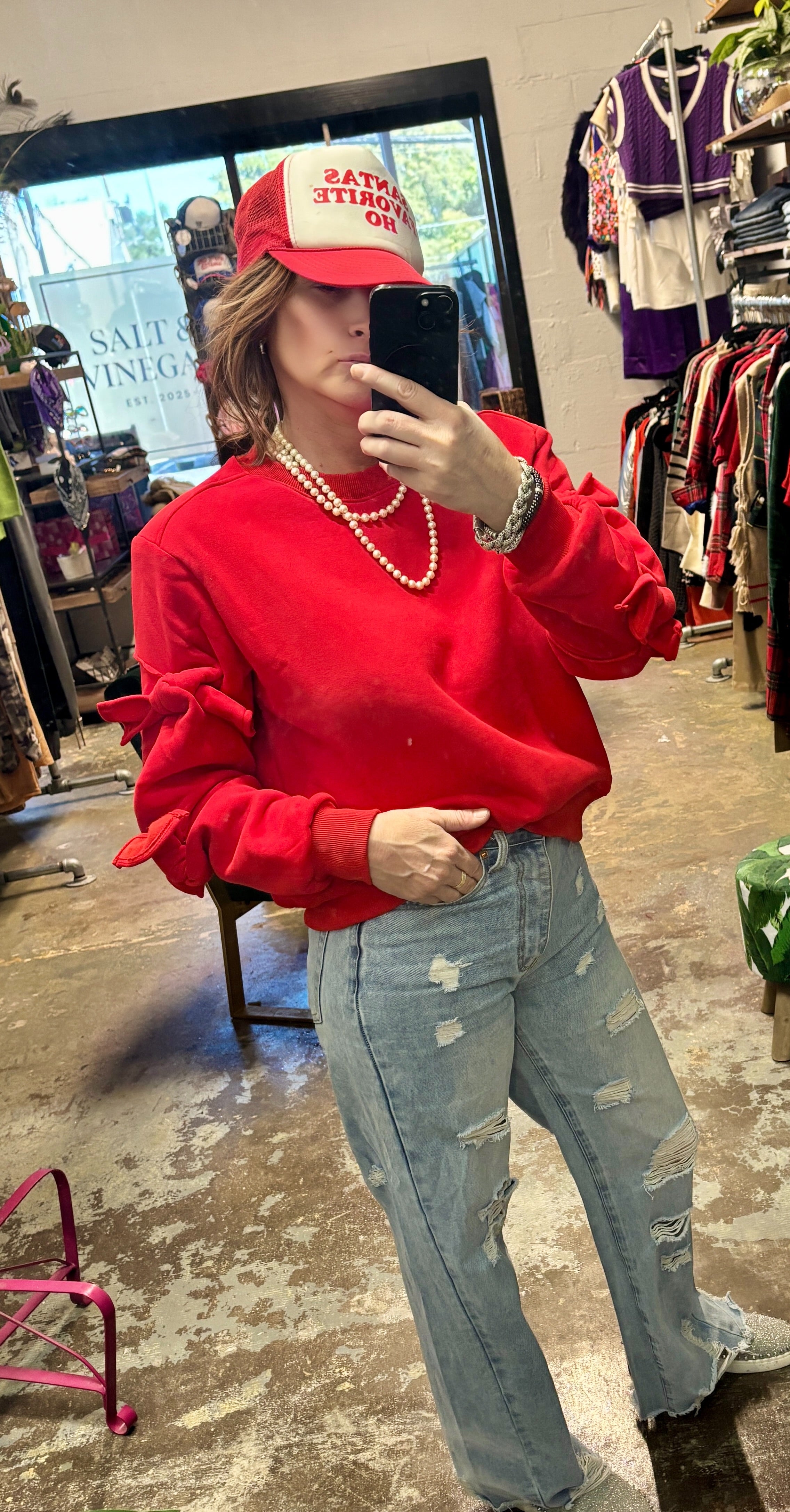 Red Bow-Sleeve Sweatshirt