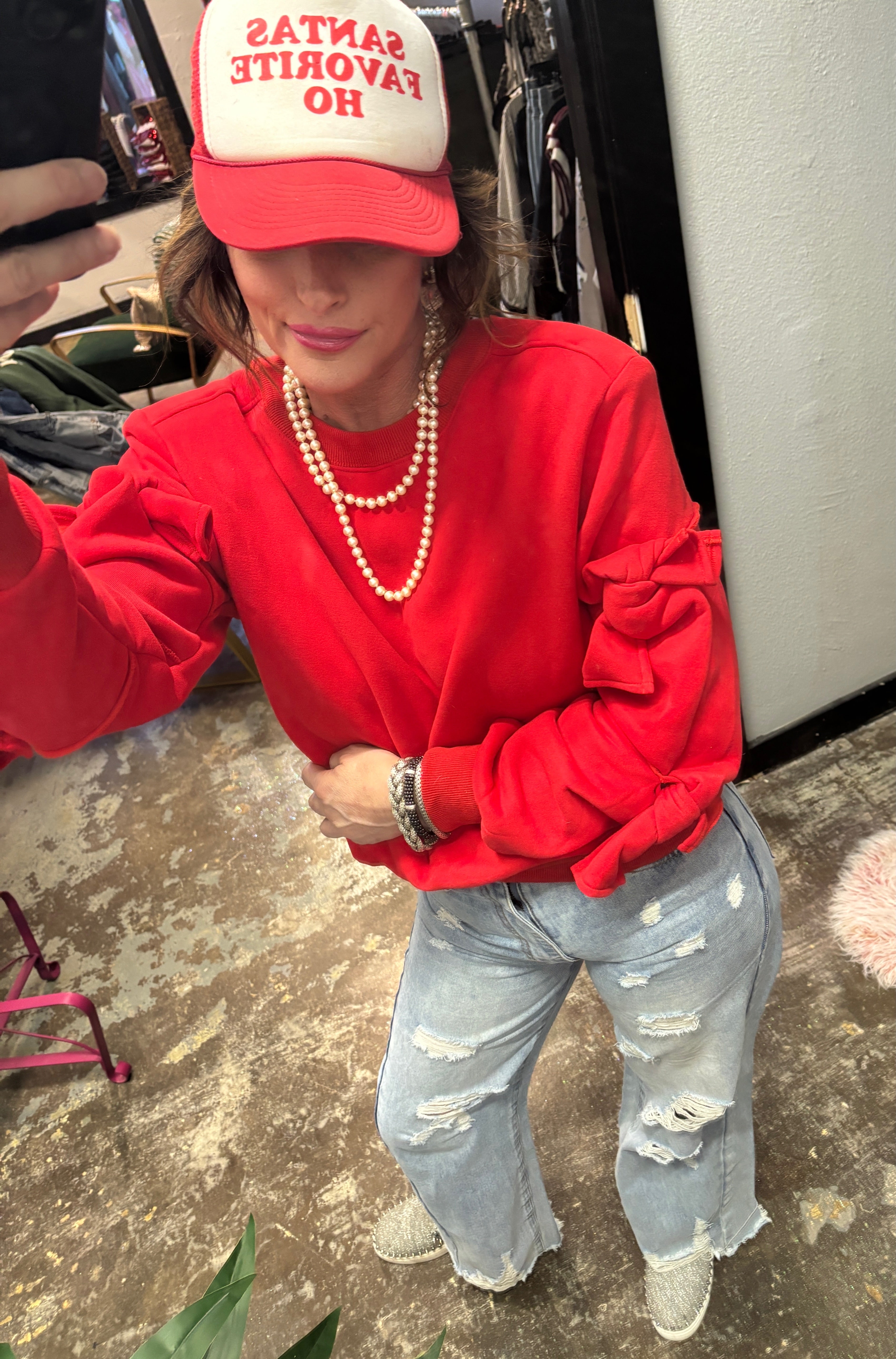 Red Bow-Sleeve Sweatshirt